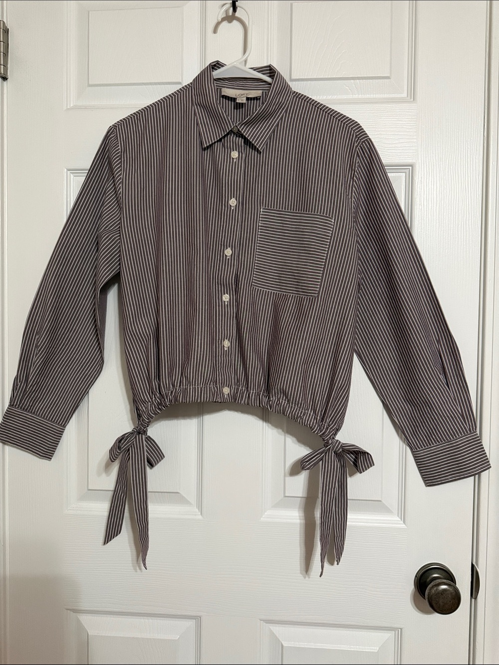 LOFT Brown and White Striped Tie-Hem Button-Front Shirt
